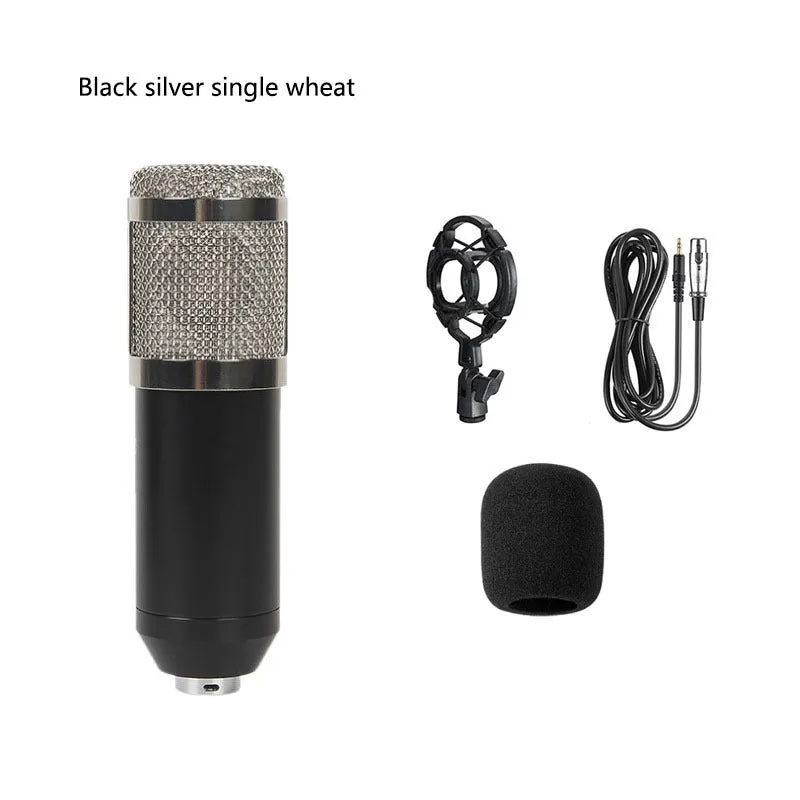 Bm800 condenser microphone kit with shock mount bracket, large pop filter, and foam windscreen on a desk.