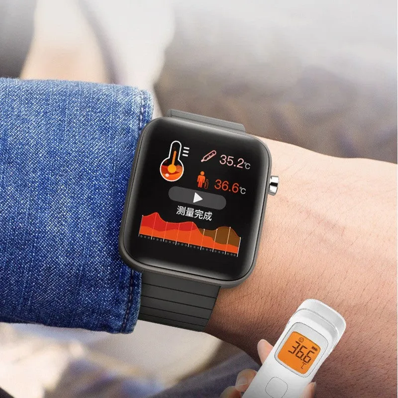 Black health monitoring bracelet with 1.54-inch touchscreen displaying blood pressure and body temperature readings