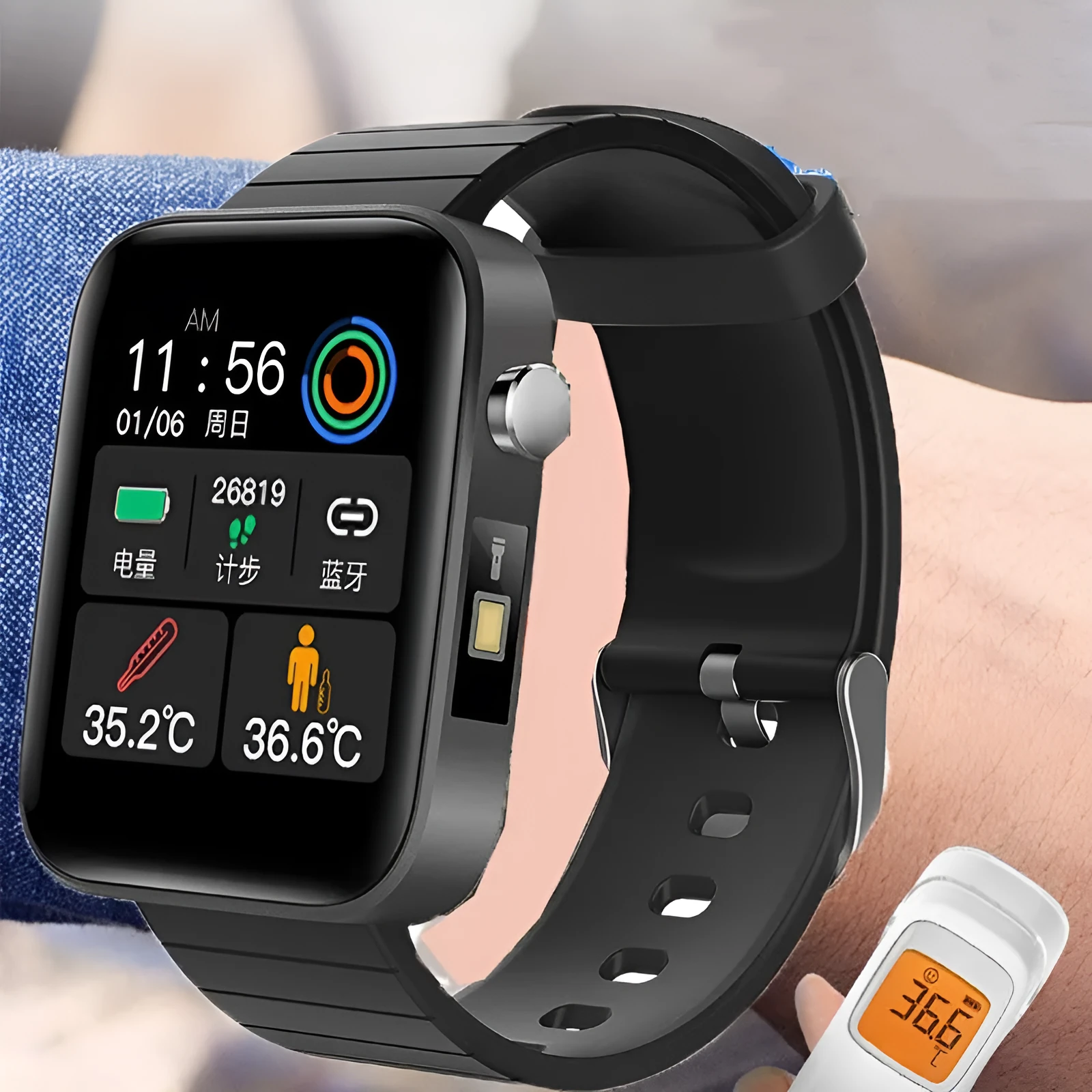 Black health monitoring bracelet with 1.54-inch touchscreen displaying blood pressure and body temperature readings