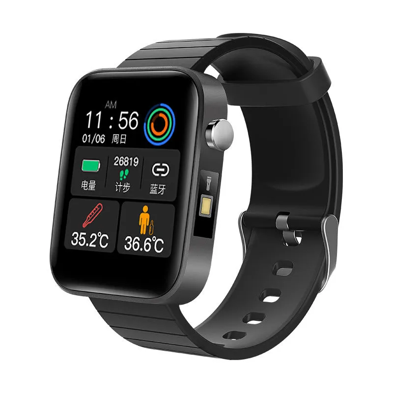 Black health monitoring bracelet with 1.54-inch touchscreen displaying blood pressure and body temperature readings