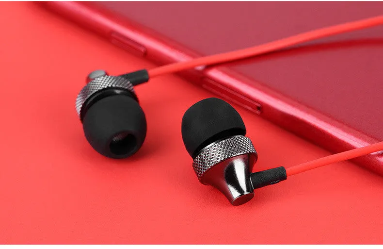 Metal in-ear headphones with wheat-coloured cable and 3.5mm plug in gold, silver, black, and red/black colours.