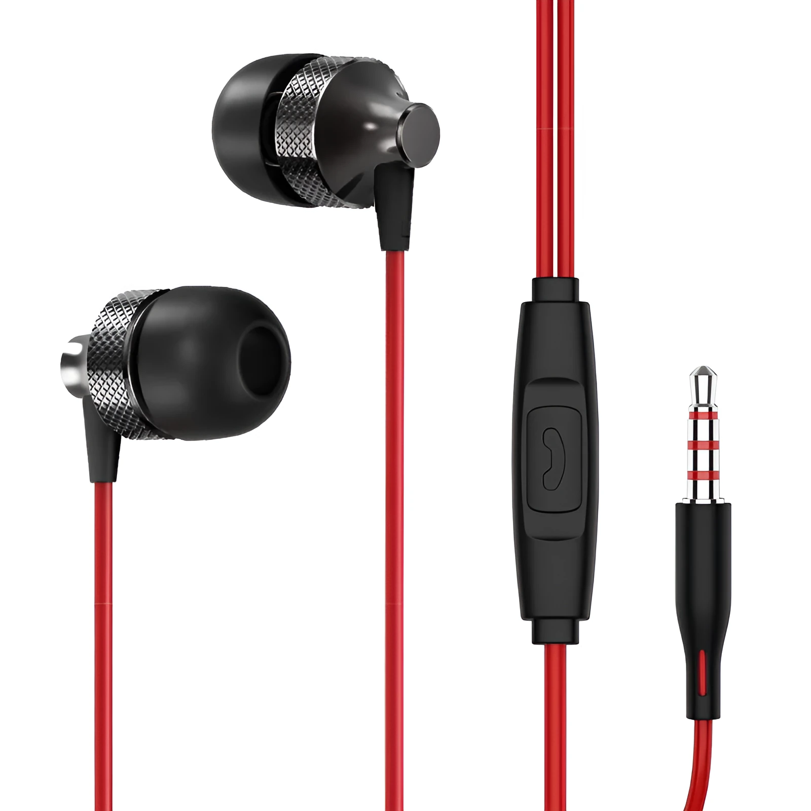 Metal in-ear headphones with wheat-coloured cable and 3.5mm plug in gold, silver, black, and red/black colours.