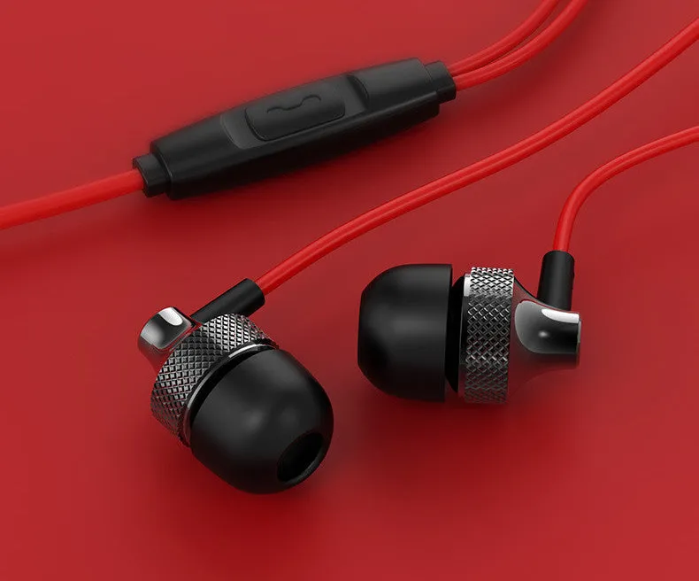Metal in-ear headphones with wheat-coloured cable and 3.5mm plug in gold, silver, black, and red/black colours.