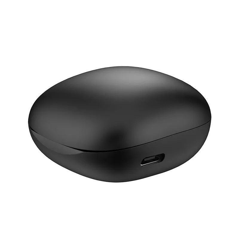 Black and white wireless Bluetooth in-ear translation headphones with touch control and USB-C cable.