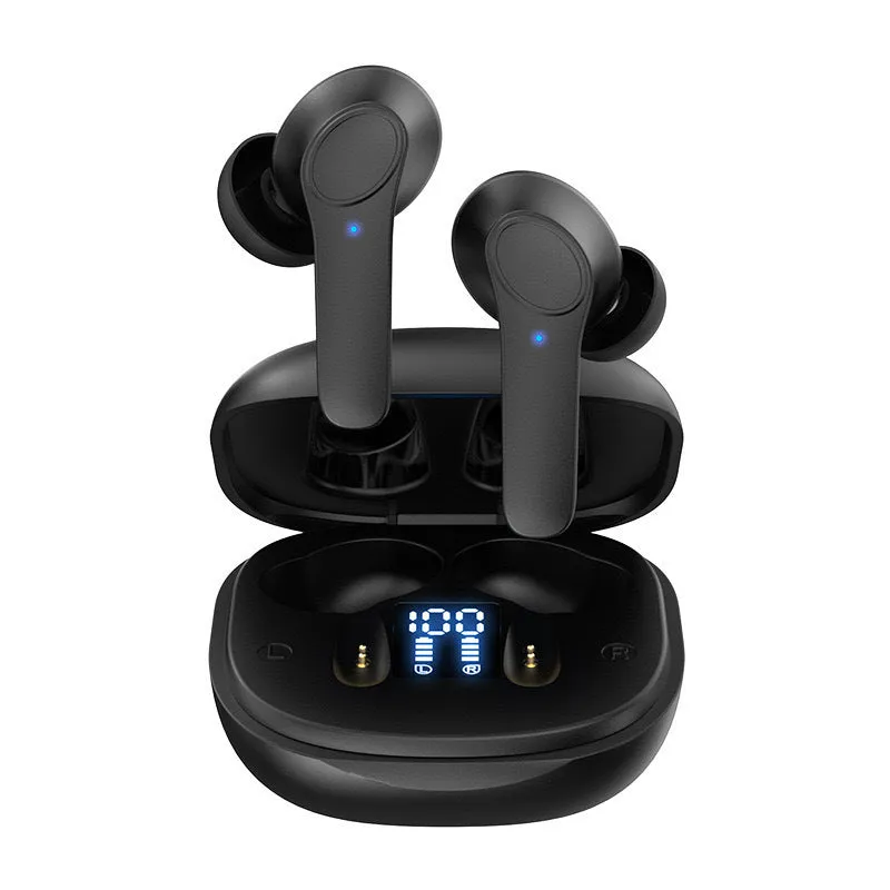 Black and white wireless Bluetooth in-ear translation headphones with touch control and USB-C cable.