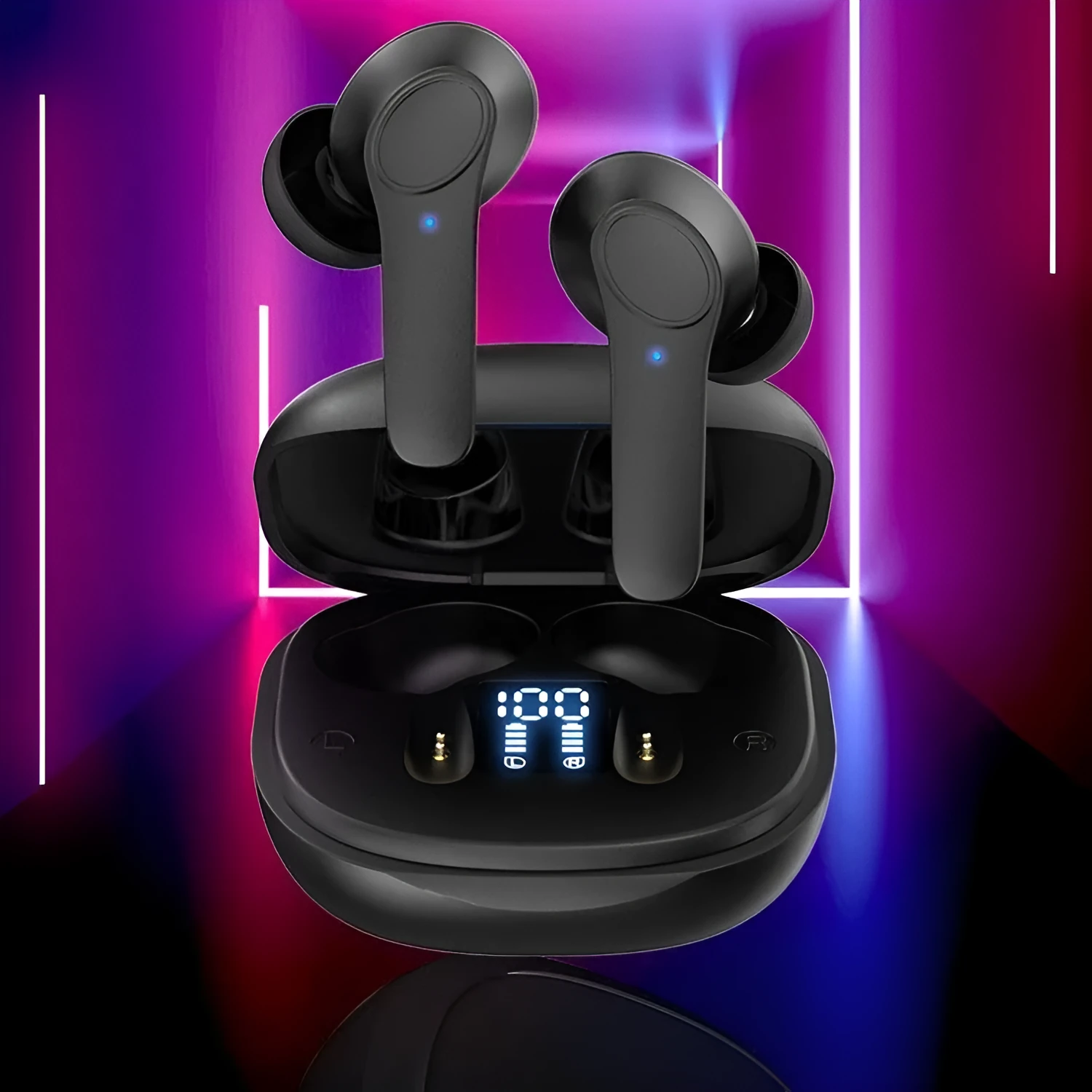Black and white wireless Bluetooth in-ear translation headphones with touch control and USB-C cable.