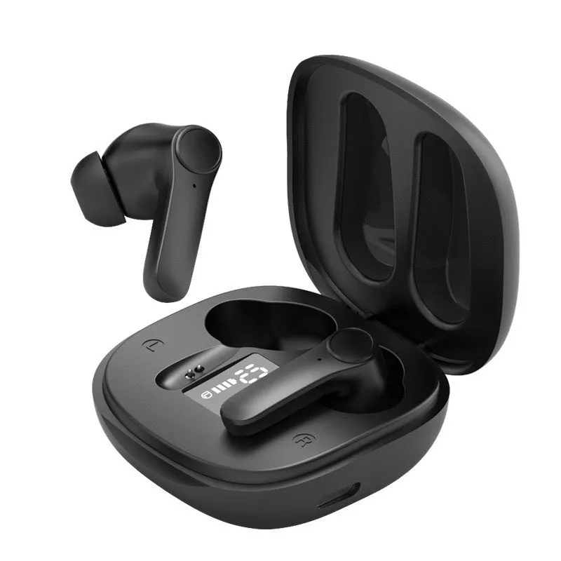 Black and white wireless Bluetooth in-ear translation headphones with touch control and USB-C cable.