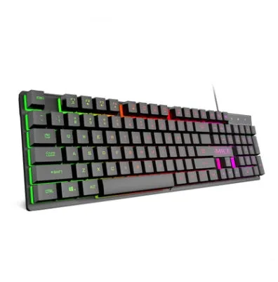 Black USB wired luminous gaming keyboard with frosted keycaps on a desk.