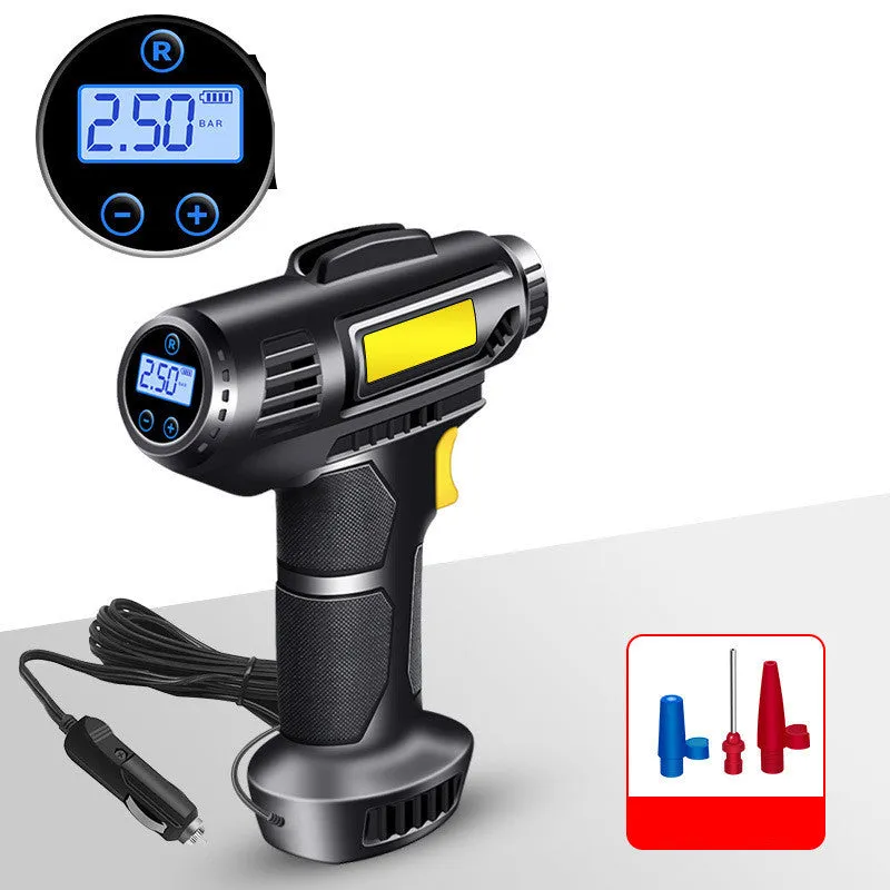 A black wireless electric tyre pump with digital display, charging cable, and air nozzles on a grey background.