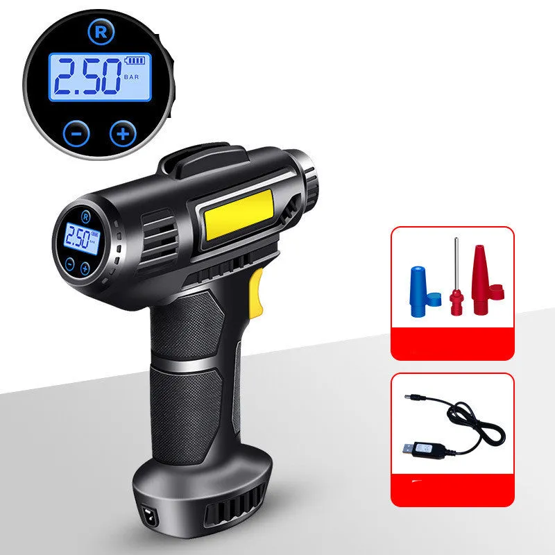 A black wireless electric tyre pump with digital display, charging cable, and air nozzles on a grey background.