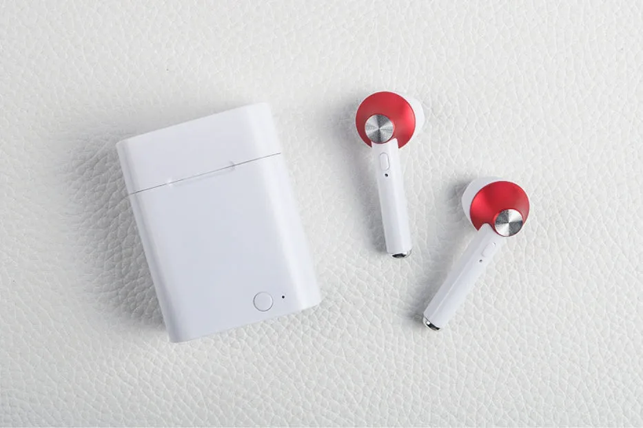 Wireless sports Bluetooth earbuds showing multiple colour options with 10-metre range