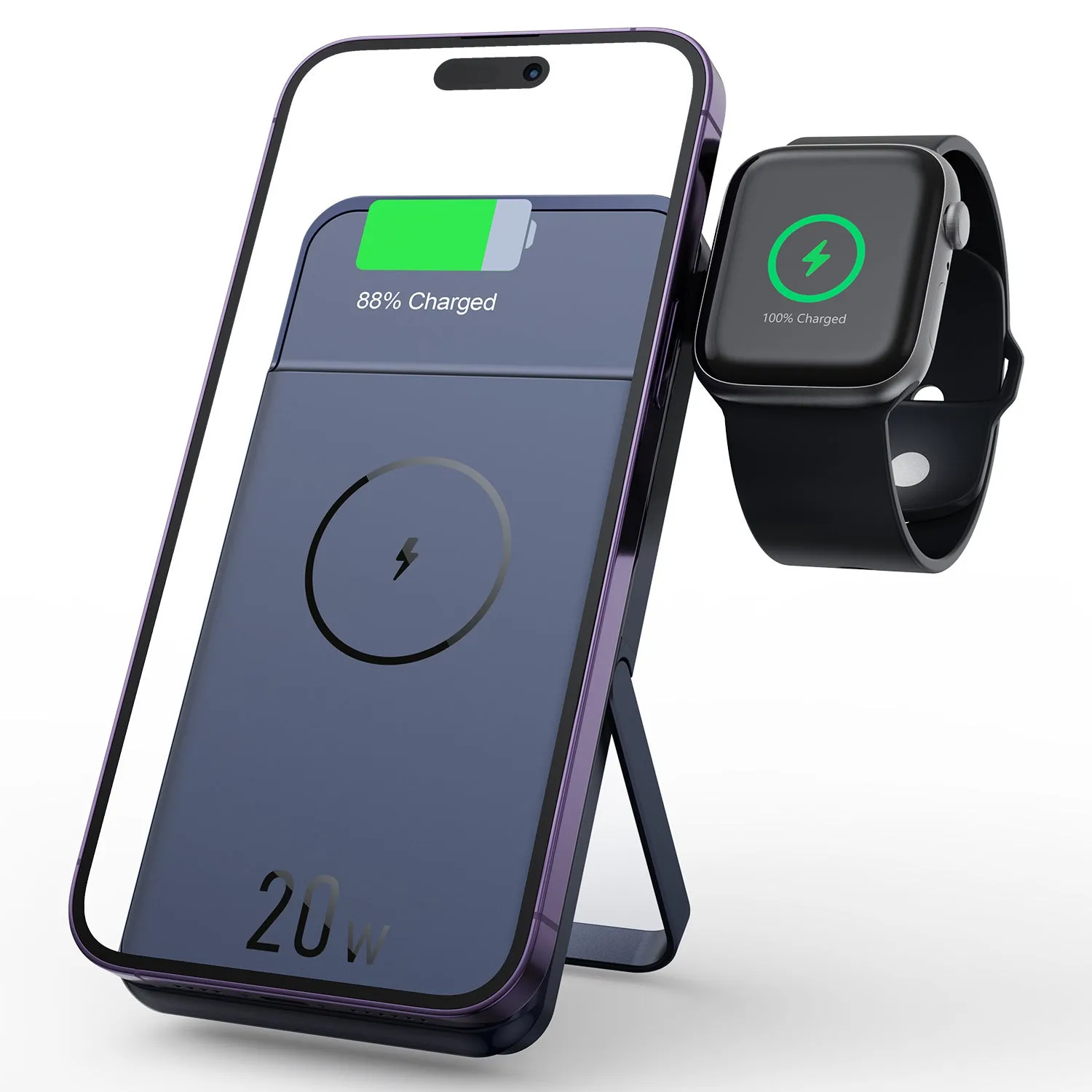 Black magnetic wireless power bank with three-in-one bracket showing 10000mAh capacity label