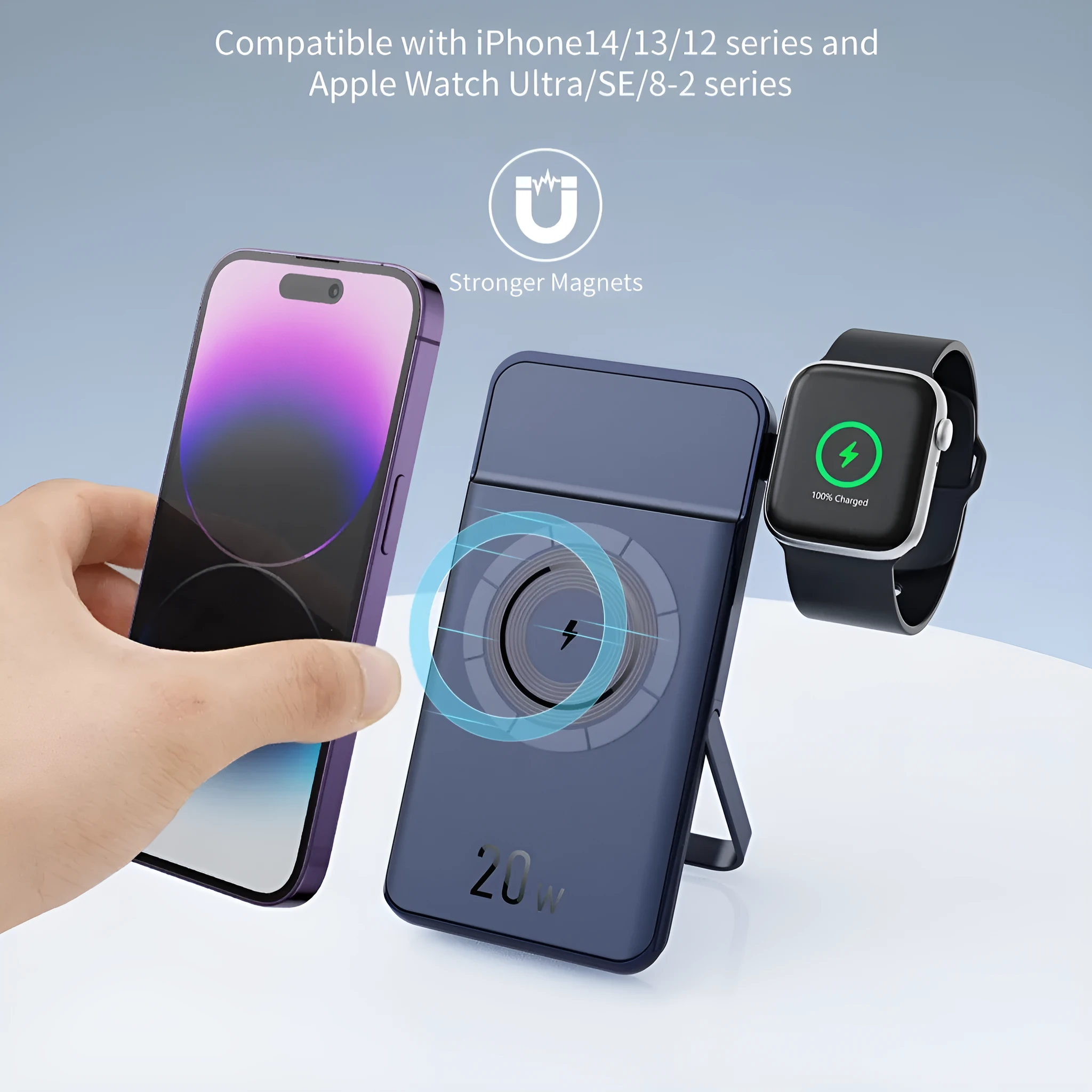 Black magnetic wireless power bank with three-in-one bracket showing 10000mAh capacity label