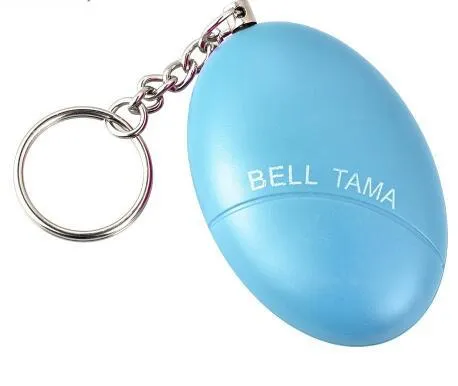 Compact keychain personal alarm in colours like black, blue, or pink showing the pull-out activation tab.