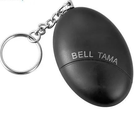 Compact keychain personal alarm in colours like black, blue, or pink showing the pull-out activation tab.