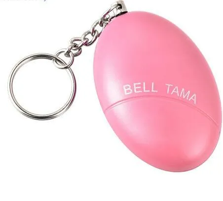 Compact keychain personal alarm in colours like black, blue, or pink showing the pull-out activation tab.