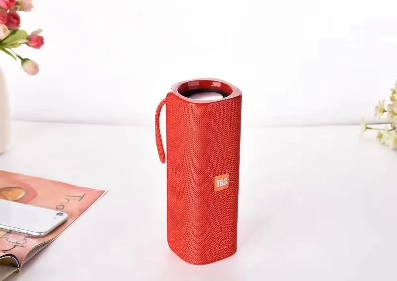 Cloth-covered portable wireless Bluetooth speaker with multiple colour options and control buttons
