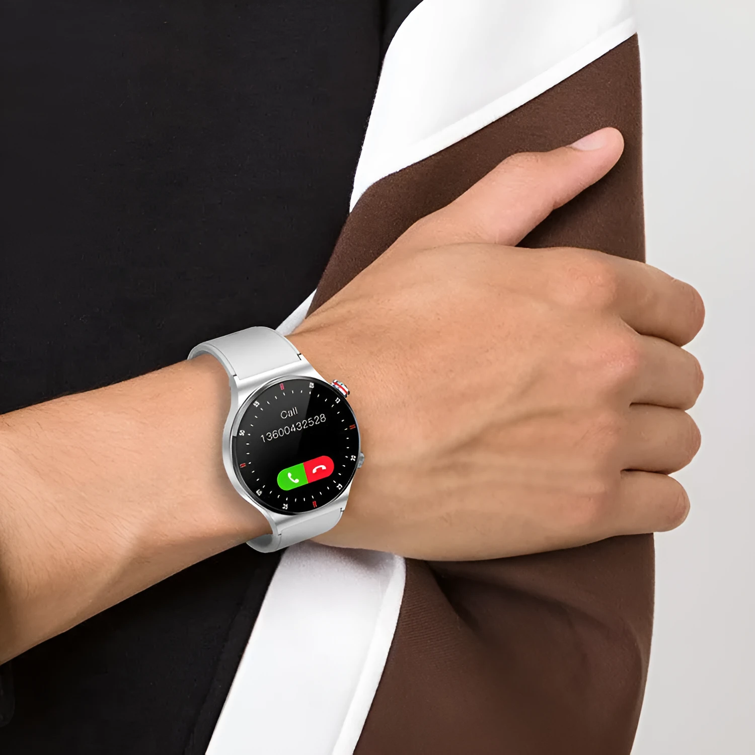 Black smart Bluetooth sports watch with silicone band and 1.28-inch touch screen showing call notification.