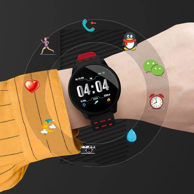 Black smart watch with sport rubber strap and 1.3-inch screen showing step count data.