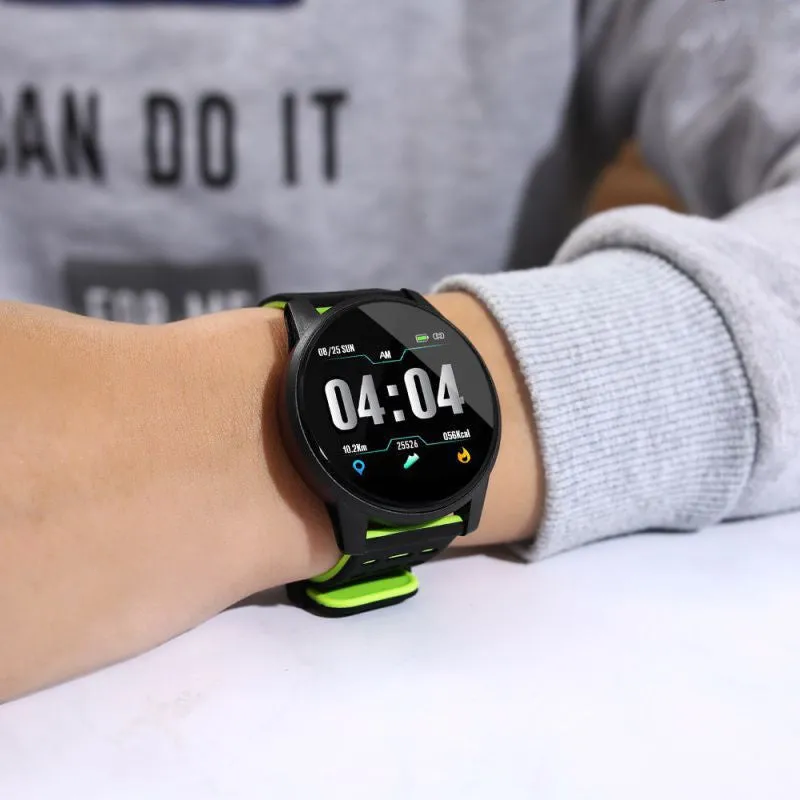 Black smart watch with sport rubber strap and 1.3-inch screen showing step count data.
