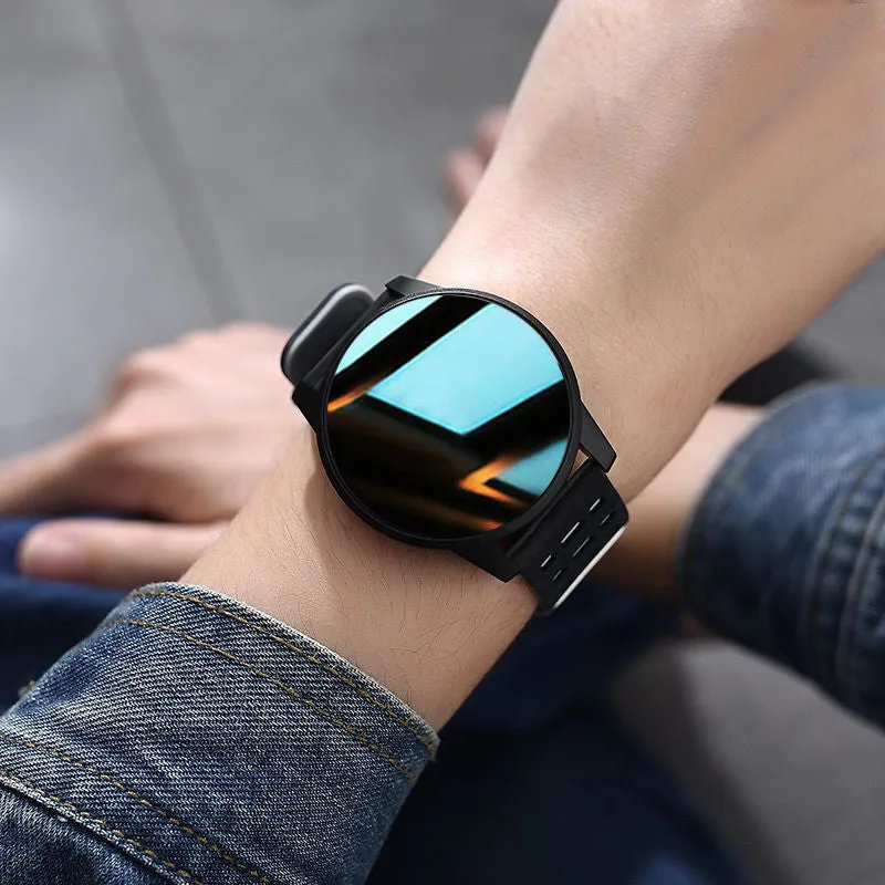 Black smart watch with sport rubber strap and 1.3-inch screen showing step count data.