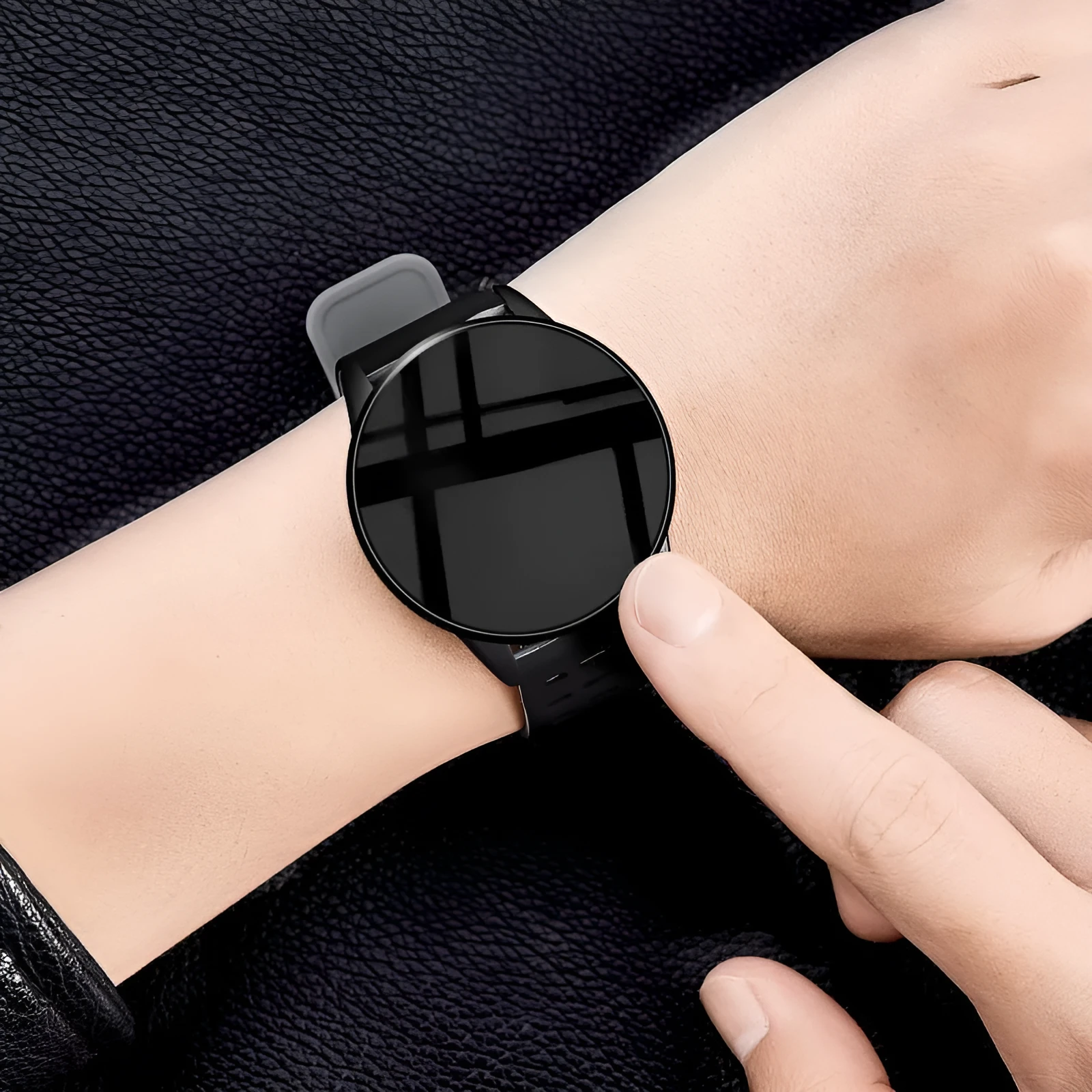 Black smart watch with sport rubber strap and 1.3-inch screen showing step count data.