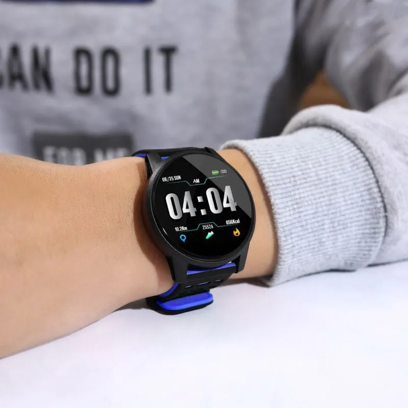 Black smart watch with sport rubber strap and 1.3-inch screen showing step count data.