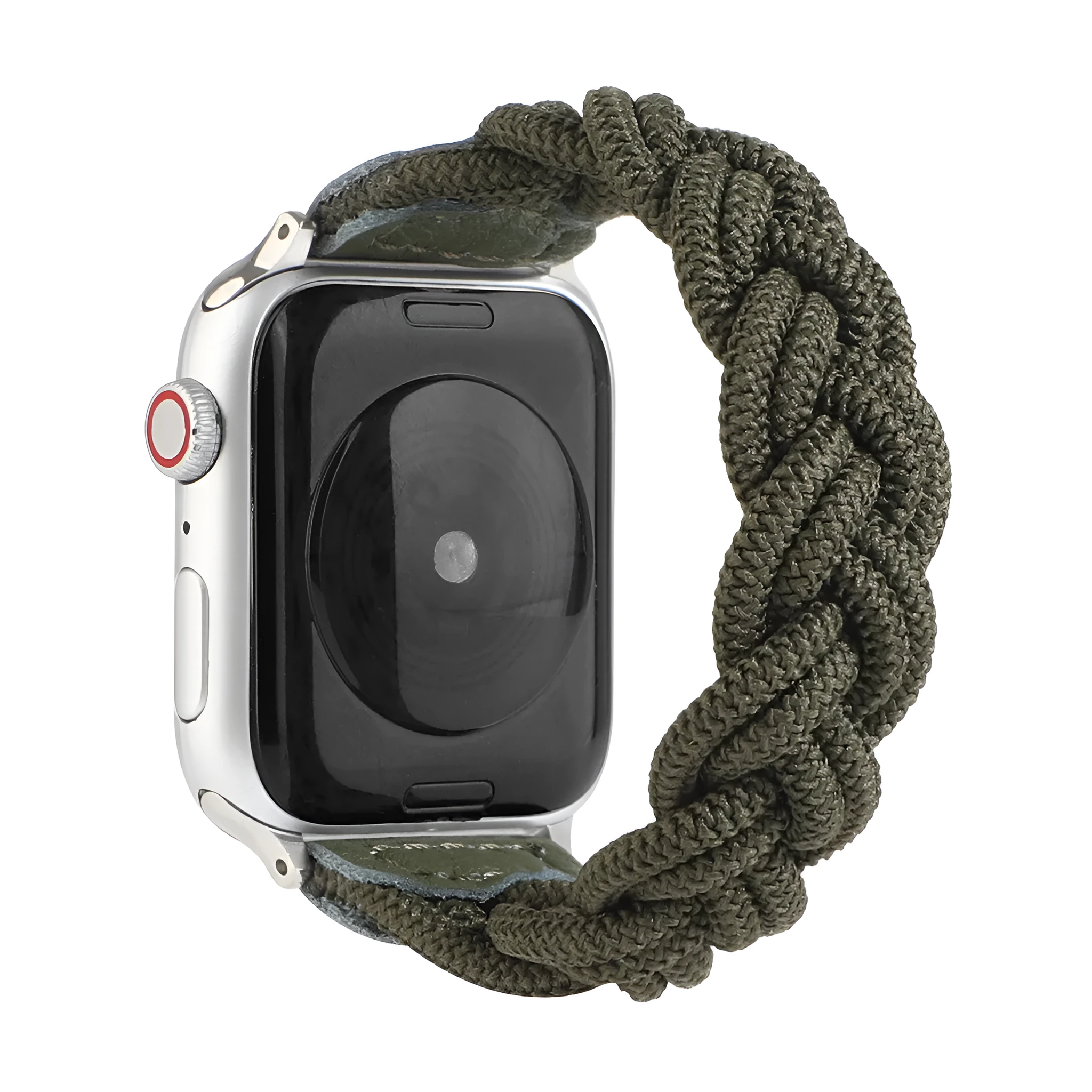 Braided single loop watch strap for Apple Watch, shown in army green colour.