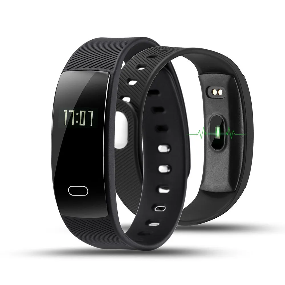 Black smart health bracelet with OLED display showing blood pressure reading on a wrist.