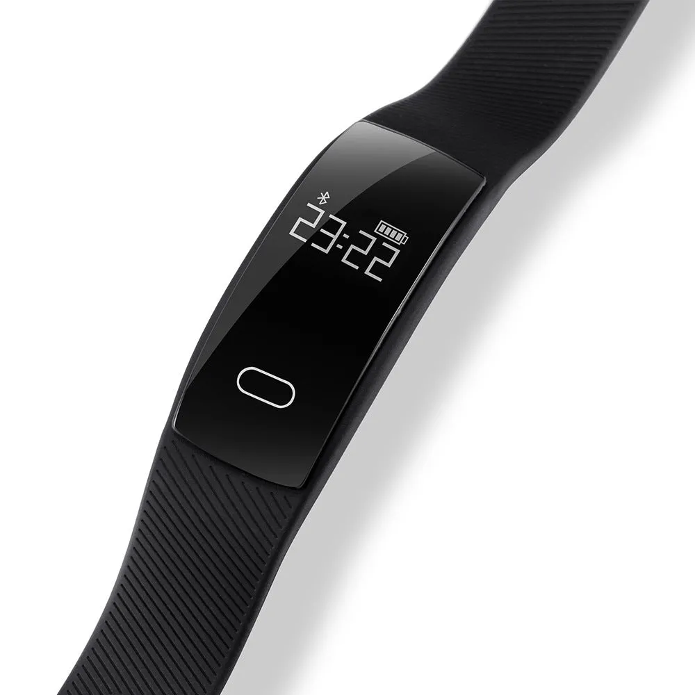 Black smart health bracelet with OLED display showing blood pressure reading on a wrist.