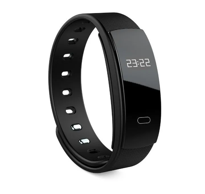 Black smart health bracelet with OLED display showing blood pressure reading on a wrist.
