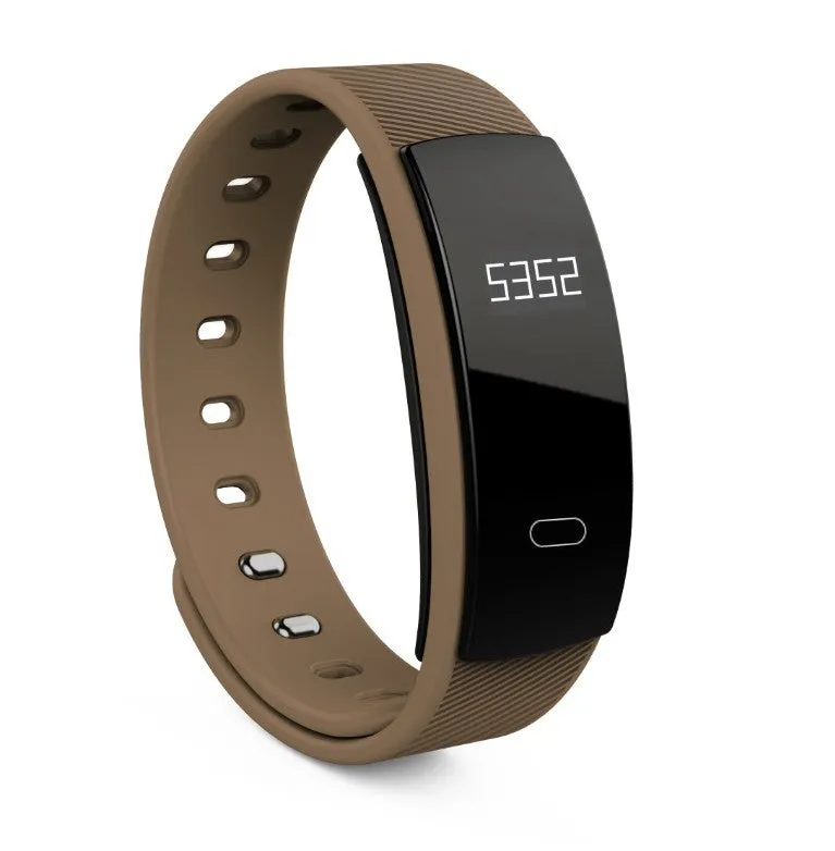 Black smart health bracelet with OLED display showing blood pressure reading on a wrist.