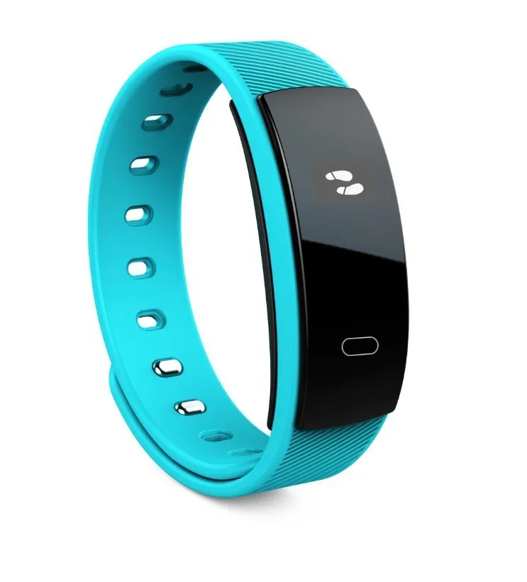 Black smart health bracelet with OLED display showing blood pressure reading on a wrist.