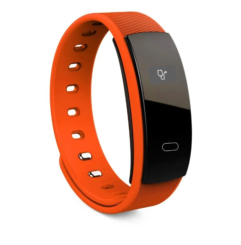 Black smart health bracelet with OLED display showing blood pressure reading on a wrist.