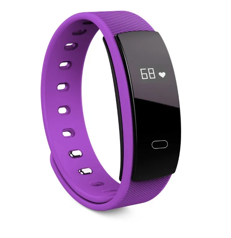 Black smart health bracelet with OLED display showing blood pressure reading on a wrist.
