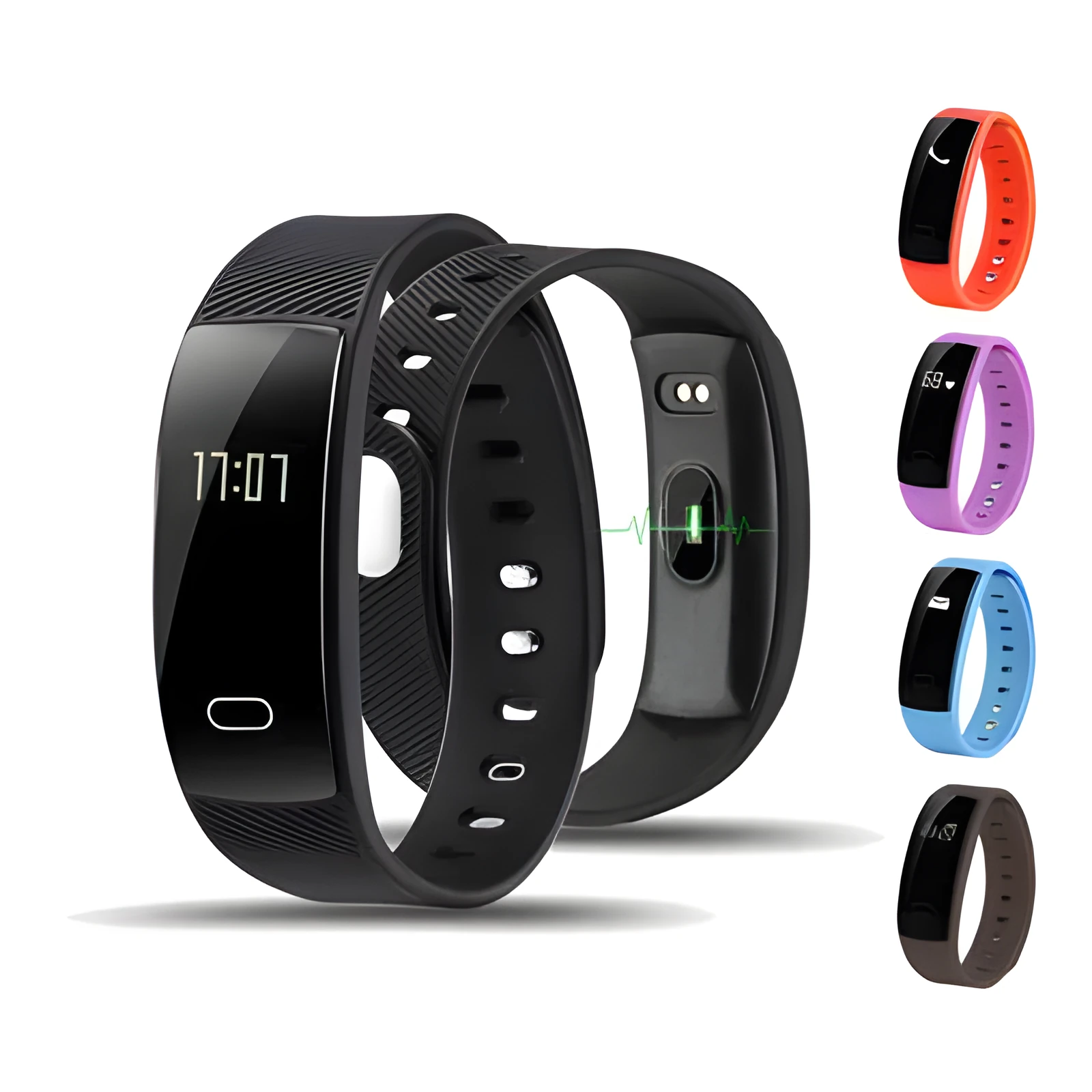 Black smart health bracelet with OLED display showing blood pressure reading on a wrist.