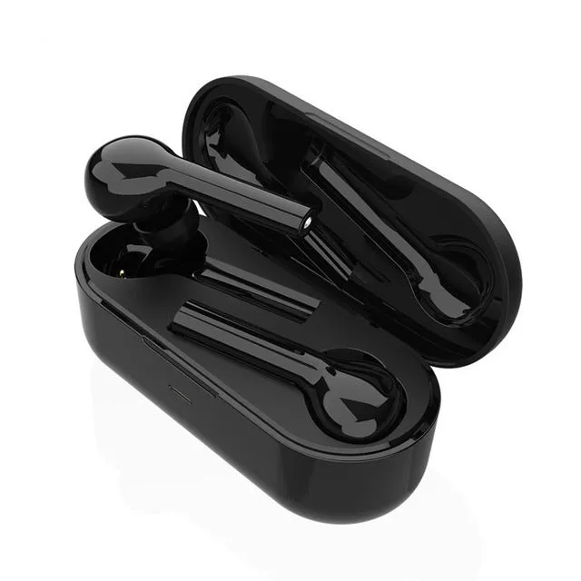 Black and white touch control wireless earbuds with a charging case on a white background