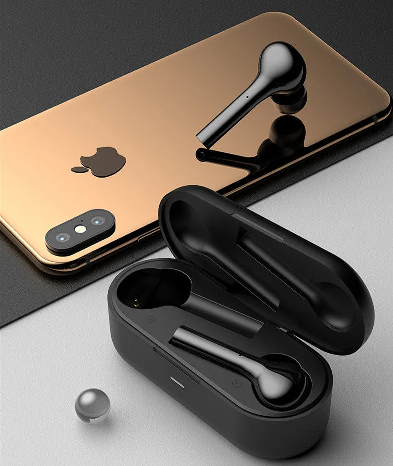 Black and white touch control wireless earbuds with a charging case on a white background