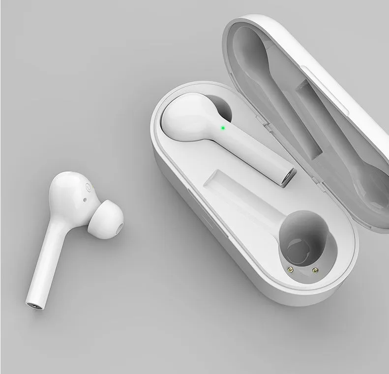 Black and white touch control wireless earbuds with a charging case on a white background