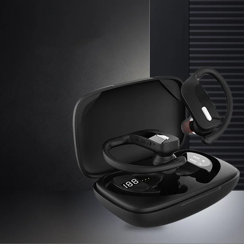 Black wireless Bluetooth headset with hanging ear design and LED digital display