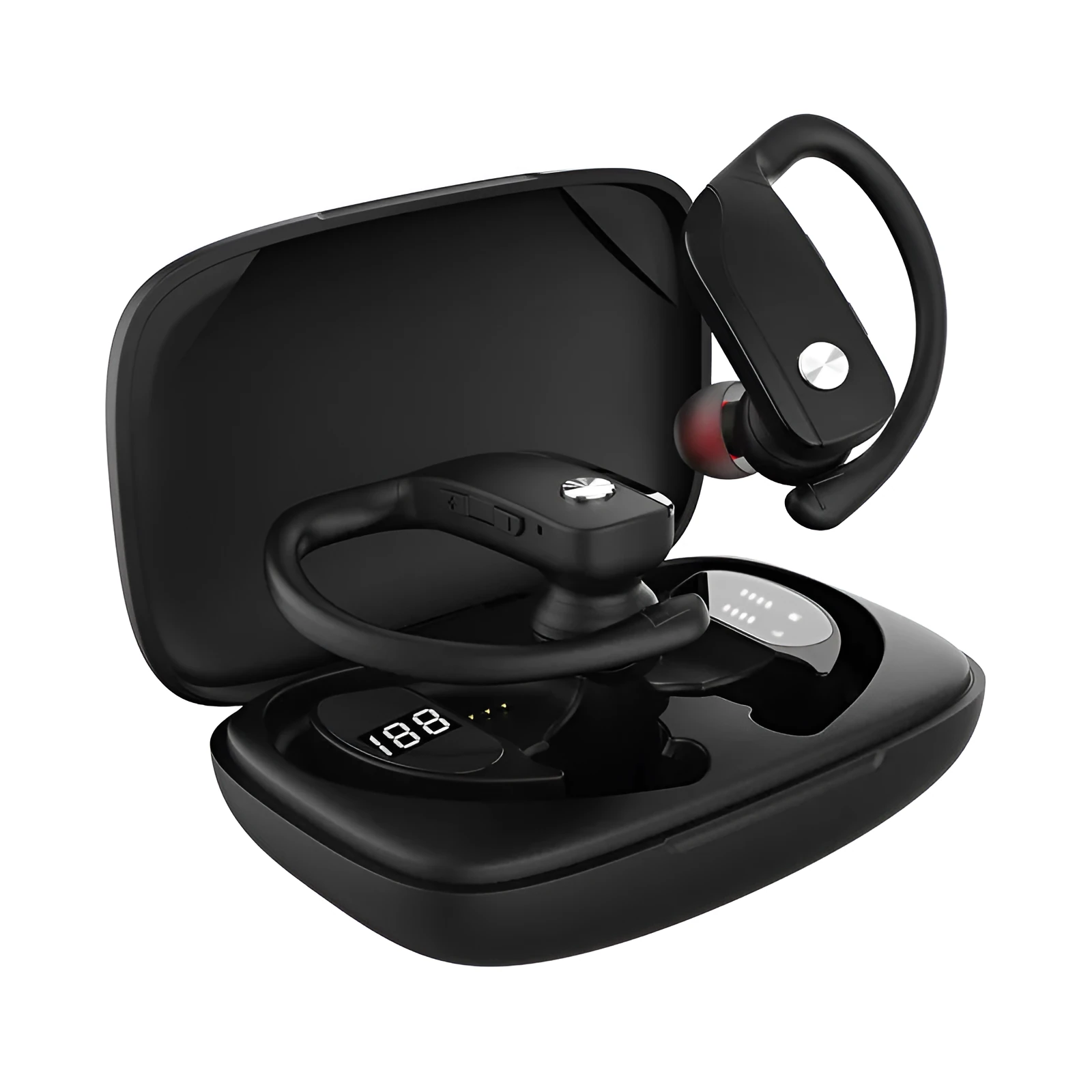 Black wireless Bluetooth headset with hanging ear design and LED digital display