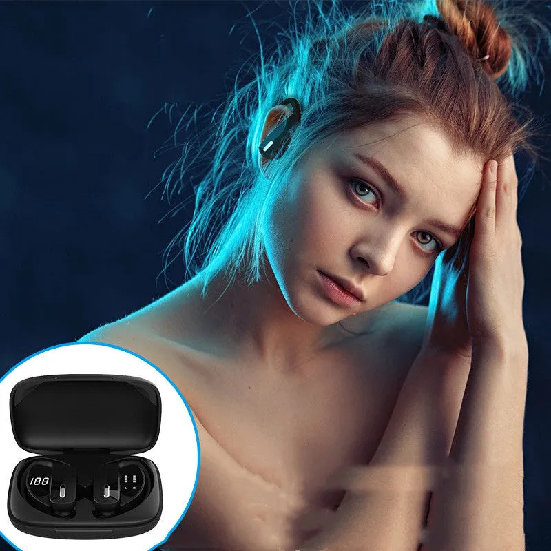 Black wireless Bluetooth headset with hanging ear design and LED digital display