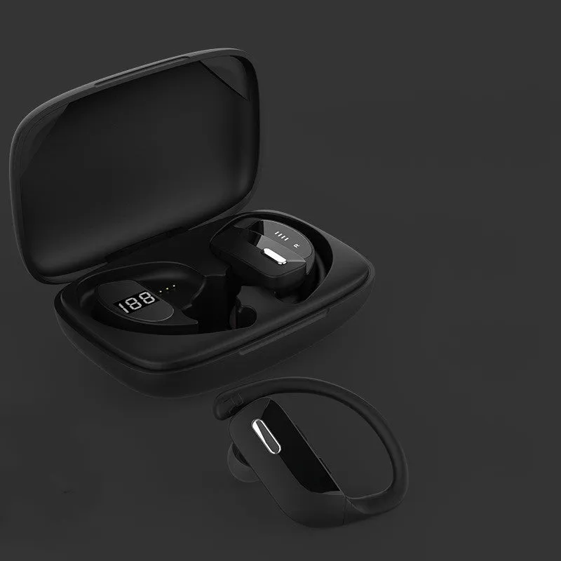 Black wireless Bluetooth headset with hanging ear design and LED digital display