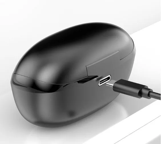 Black and white wireless Bluetooth in-ear headphones with compact charging case