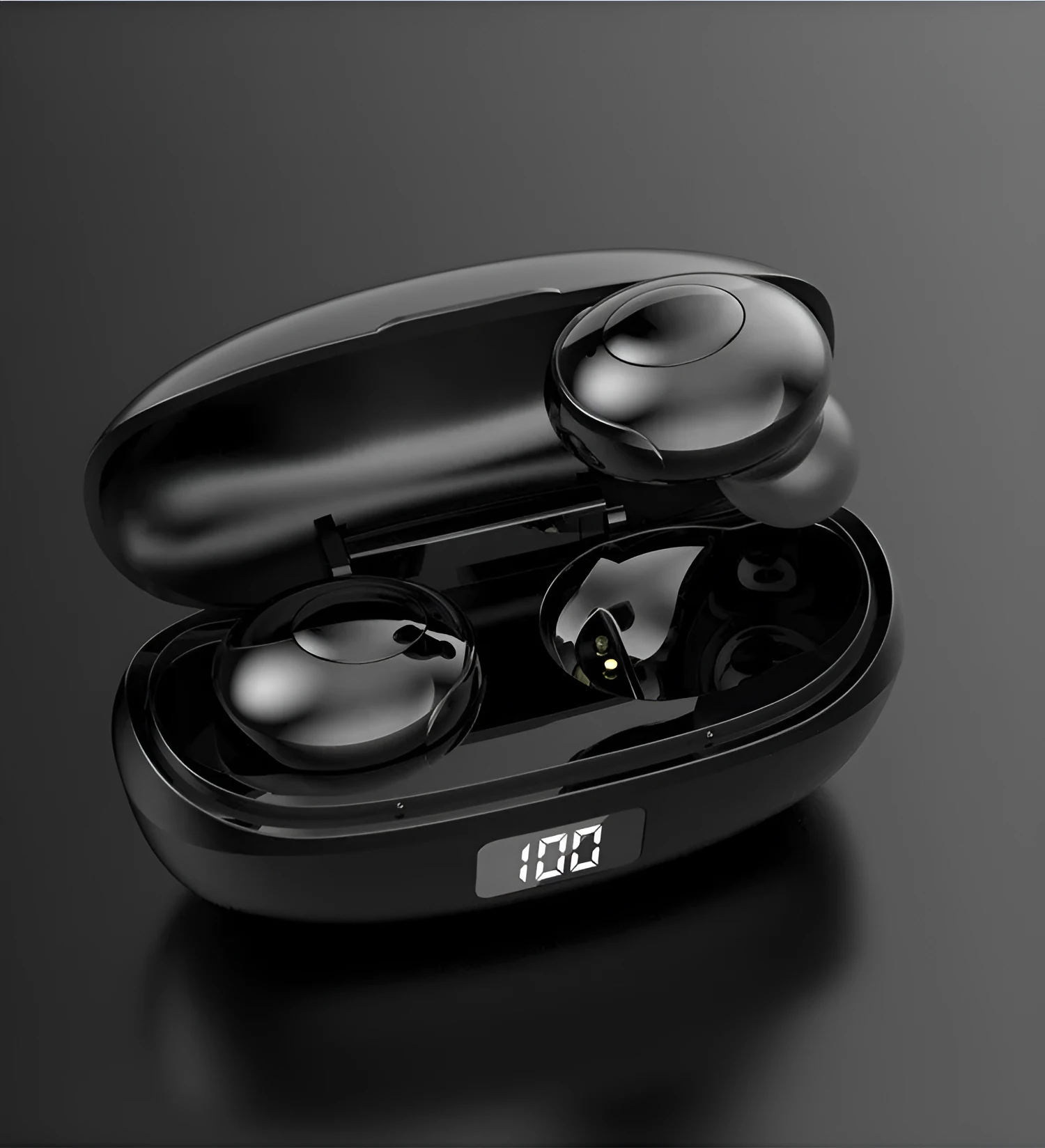Black and white wireless Bluetooth in-ear headphones with compact charging case