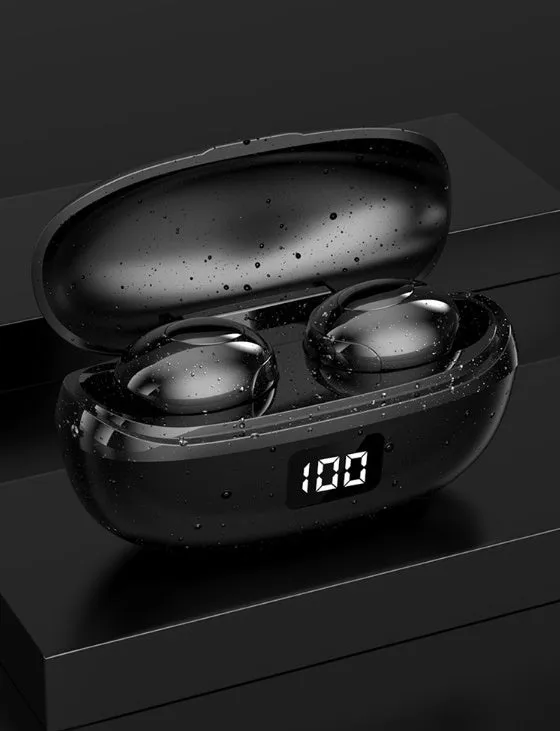 Black and white wireless Bluetooth in-ear headphones with compact charging case