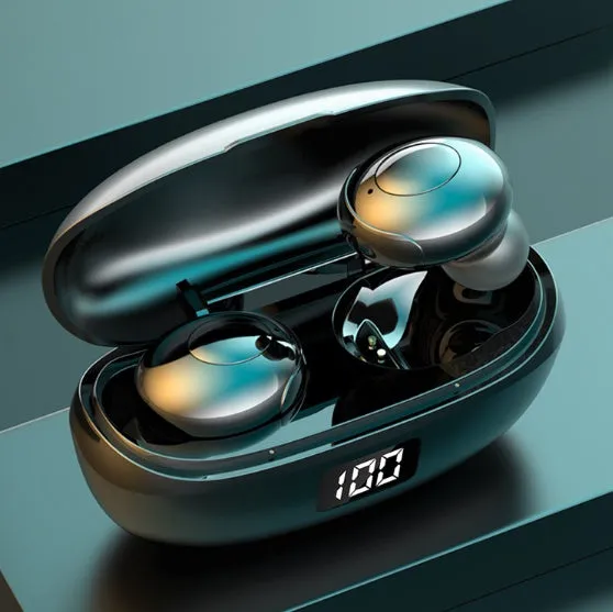 Black and white wireless Bluetooth in-ear headphones with compact charging case