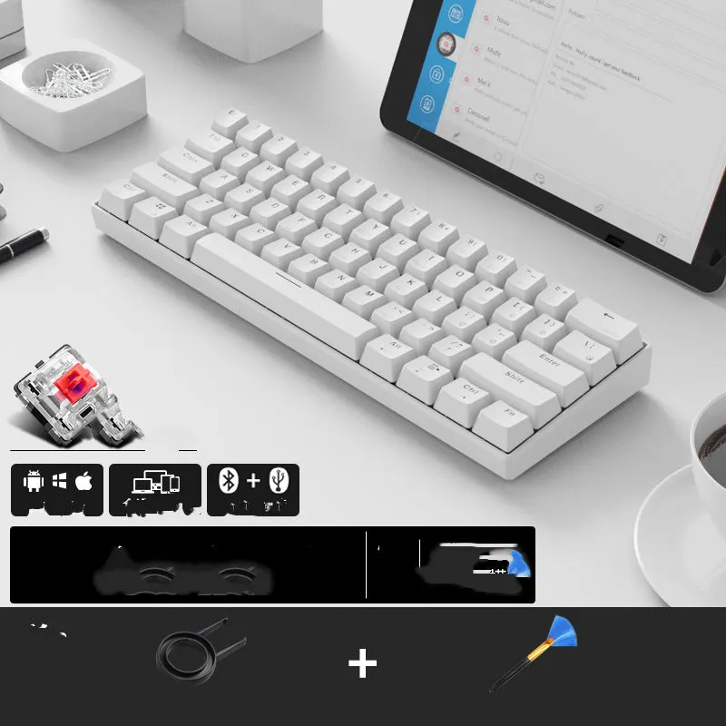 RK 61 wireless mechanical keyboard with Bluetooth, showing compact layout and carrying belt.