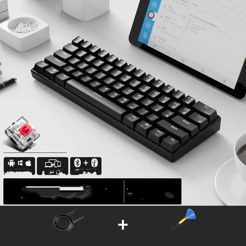 RK 61 wireless mechanical keyboard with Bluetooth, showing compact layout and carrying belt.