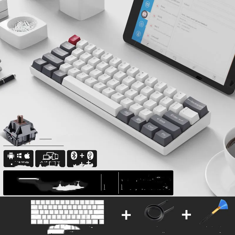 RK 61 wireless mechanical keyboard with Bluetooth, showing compact layout and carrying belt.